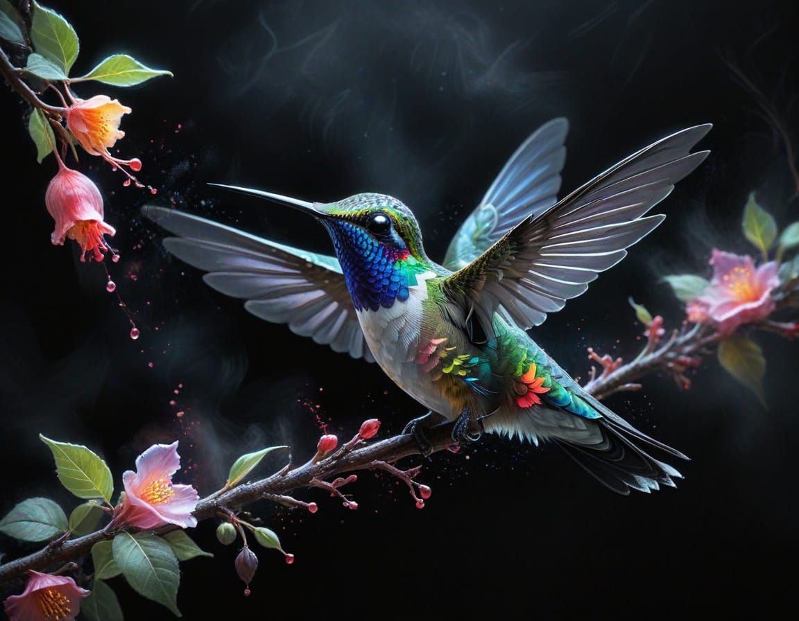 Hummingbird on Branch with Pastel Neon Rainbow Glow