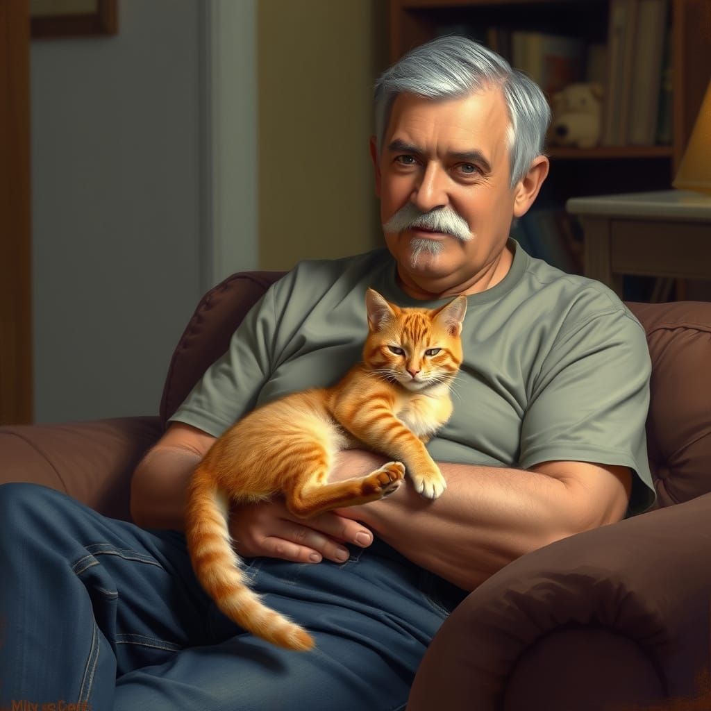 Man and Cat in Rockwell-esque Style