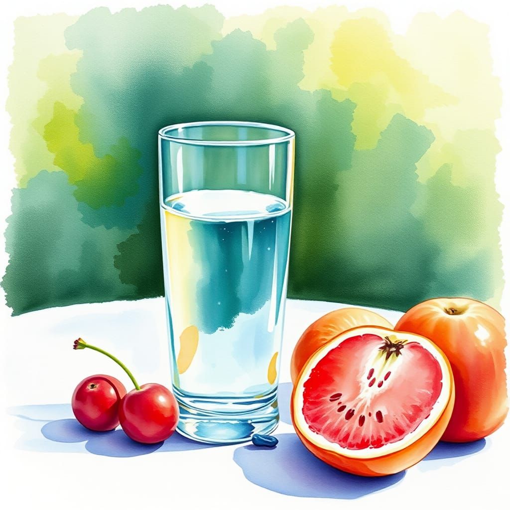 Watercolor Glass of Water and Fruit Still Life