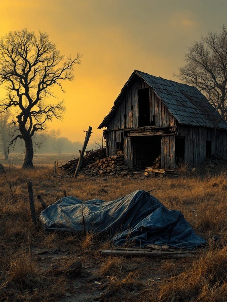 Weathered Barn in Overgrown Field at Sunset