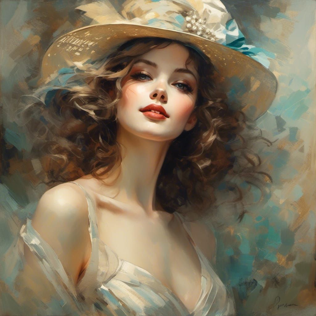 1930s Beach Portrait of Smiling Woman as Impasto Painting