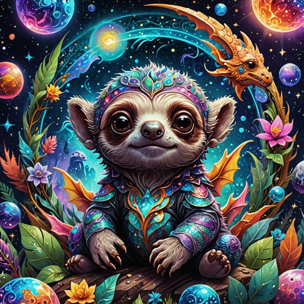 Cute hybrid micro sloth and dragon 8k resolution holographic...
