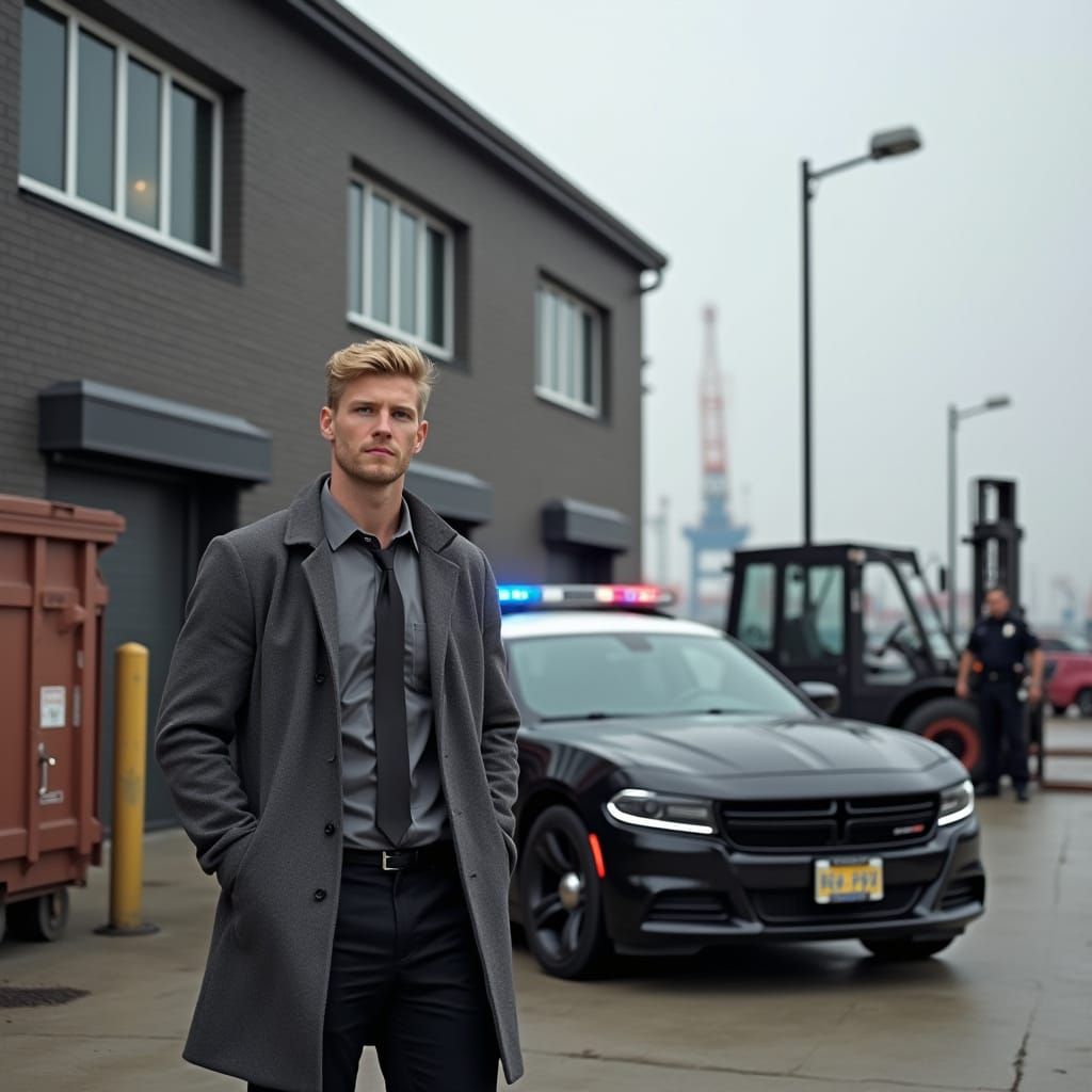 Hyperrealistic Photo of American Man by Police Cruiser