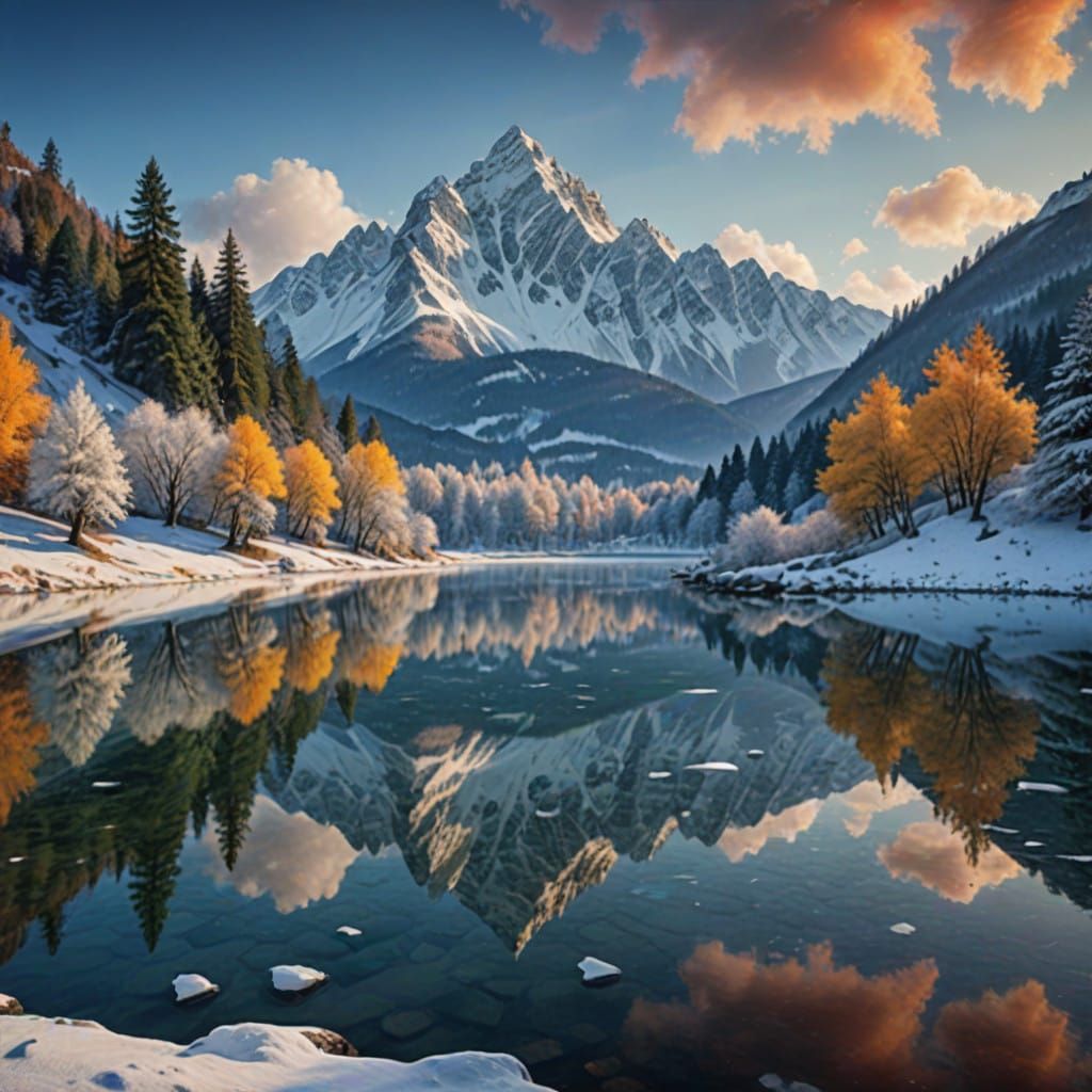 Dreamlike Winter Landscape with Majestic Mountains and Froze...
