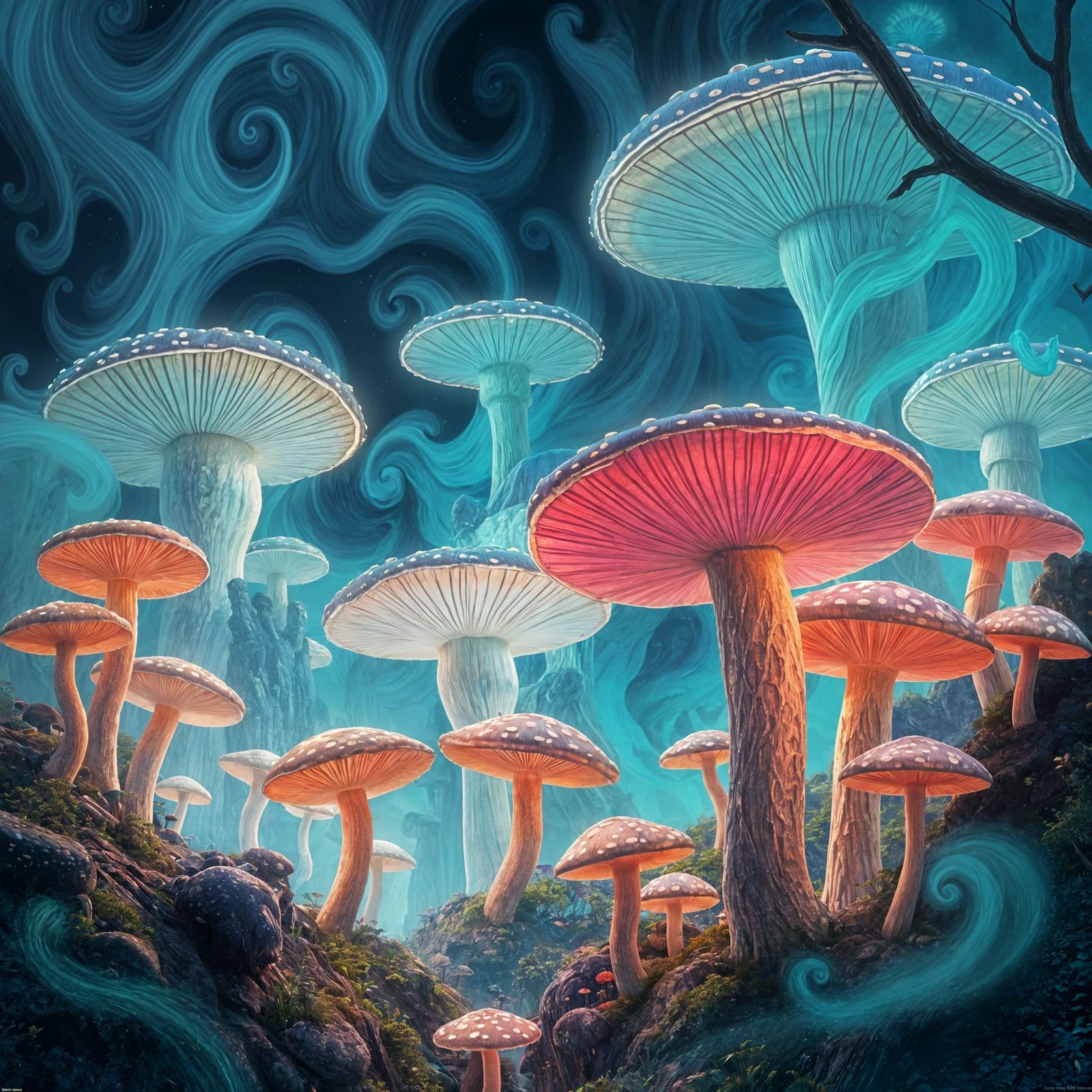 Iridescent Mushroom Forests at Night in Fantasy Art Style