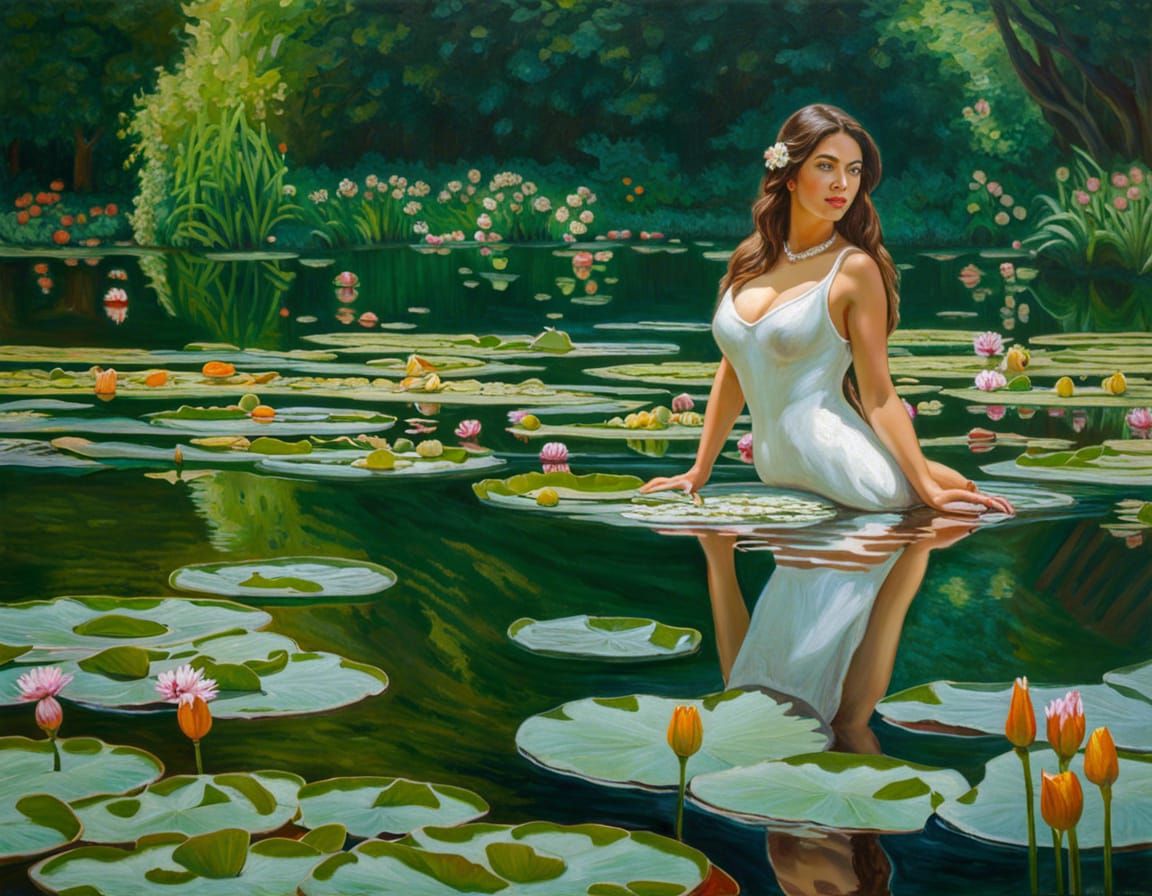 Voluptuous Woman in Water Lilies, Impressionist Painting