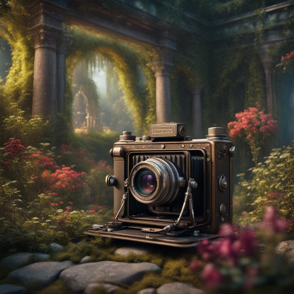 Mystic Garden Scene with Vintage Camera