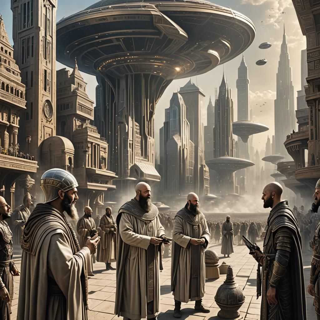 Sumerian priests and aliens engaging in a cultural and technological exchange