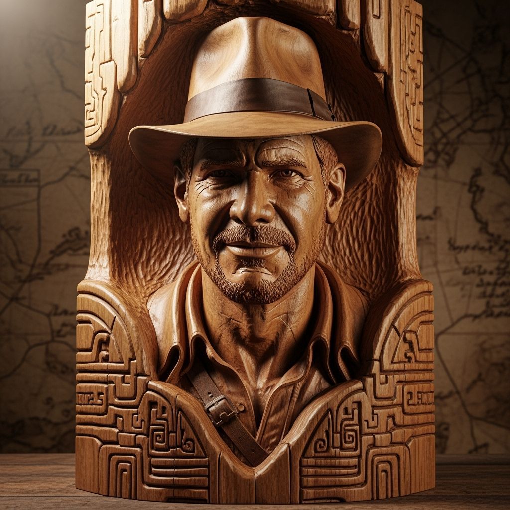 Detailed Wood Carving of Indiana Jones Bust