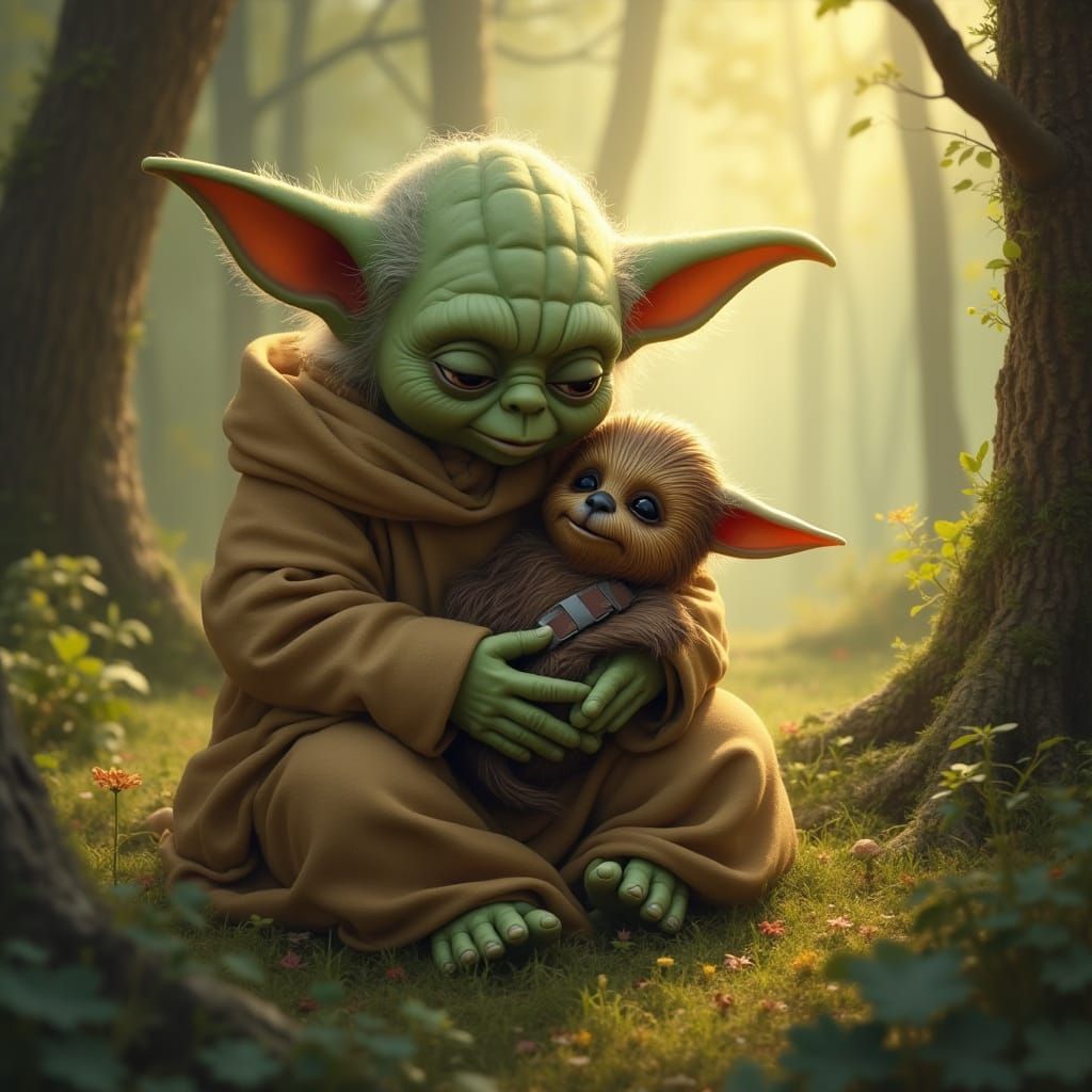 Yoda Cradles Baby Wookiee in Enchanted Forest
