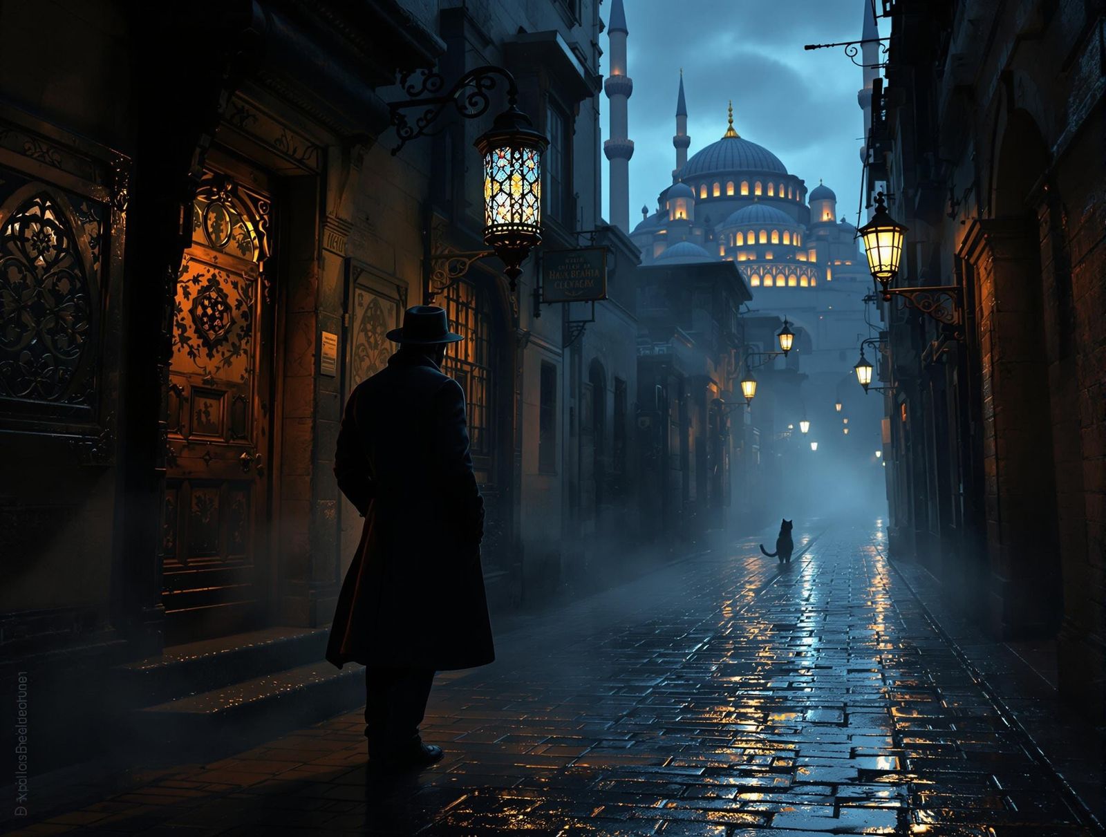 Noir Detective in Fog-Shrouded Istanbul Alley