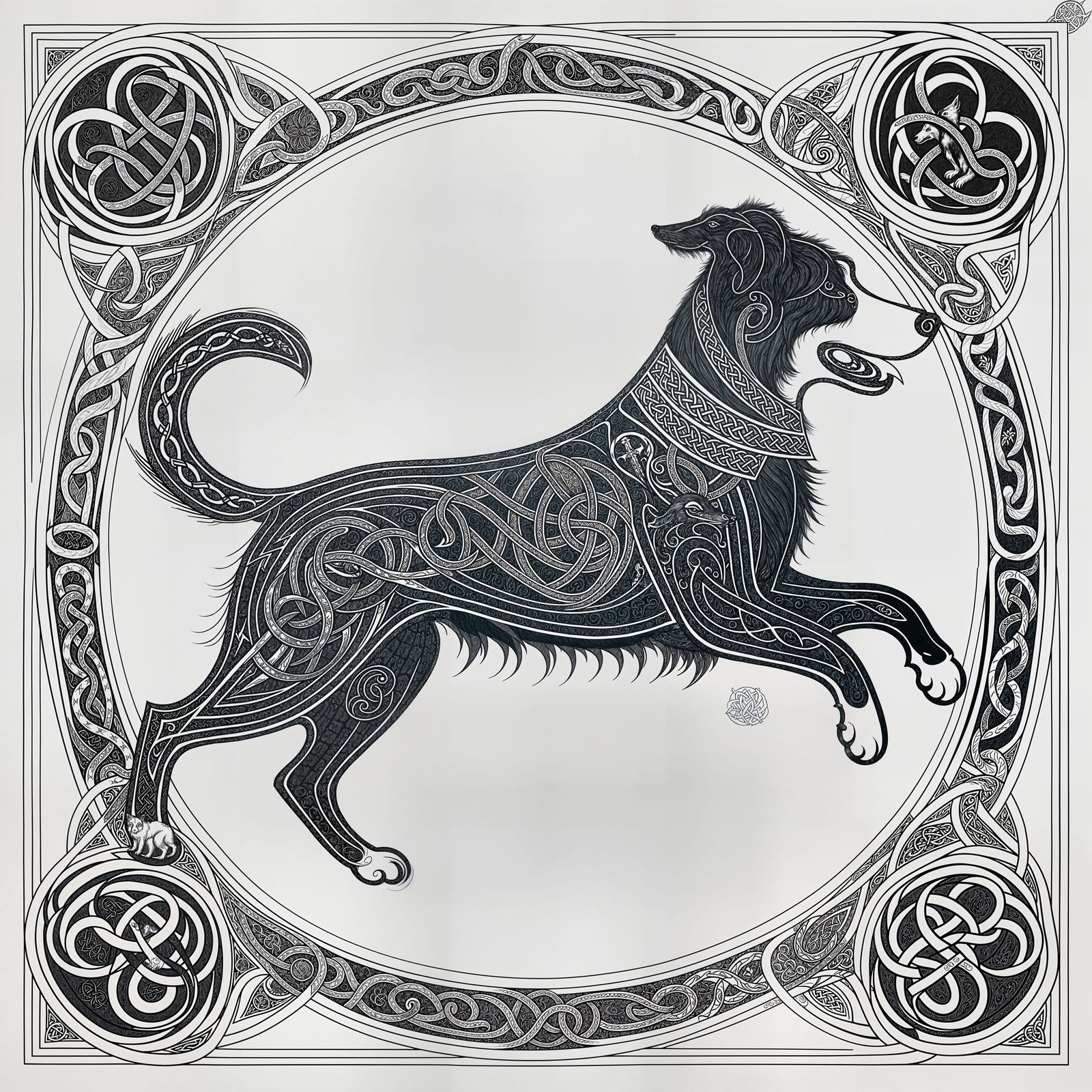 Medieval Border Collie in Celtic Knotwork Illustration