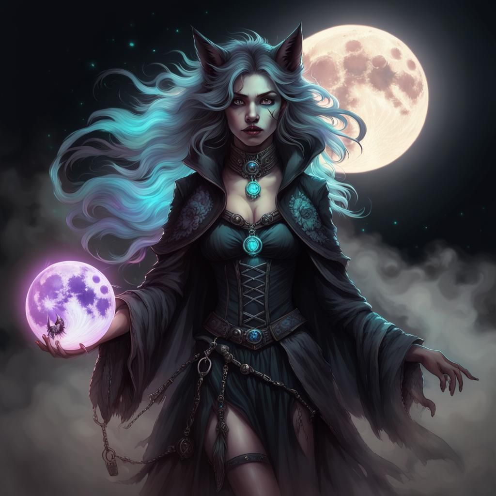 Ethereal Witch and Werewolf Under Bioluminescent Moon