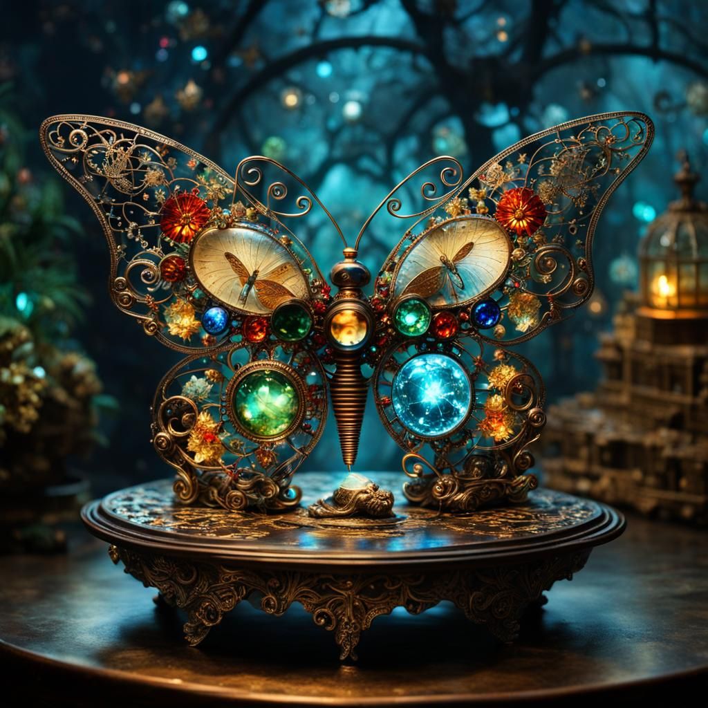 Steampunk Crystal Butterfly Statue in Underwater Castle