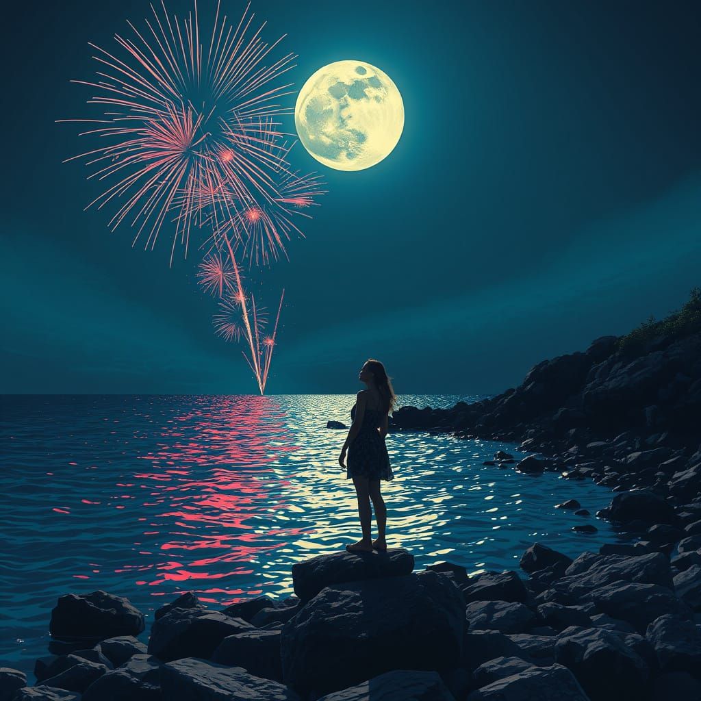 Fireworks Explode Above Moonlit Shoreline, Surrealist Style