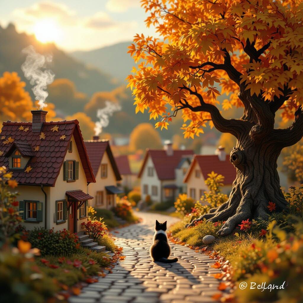 Magical Autumn Village Diorama with Cat and Surreal Tree
