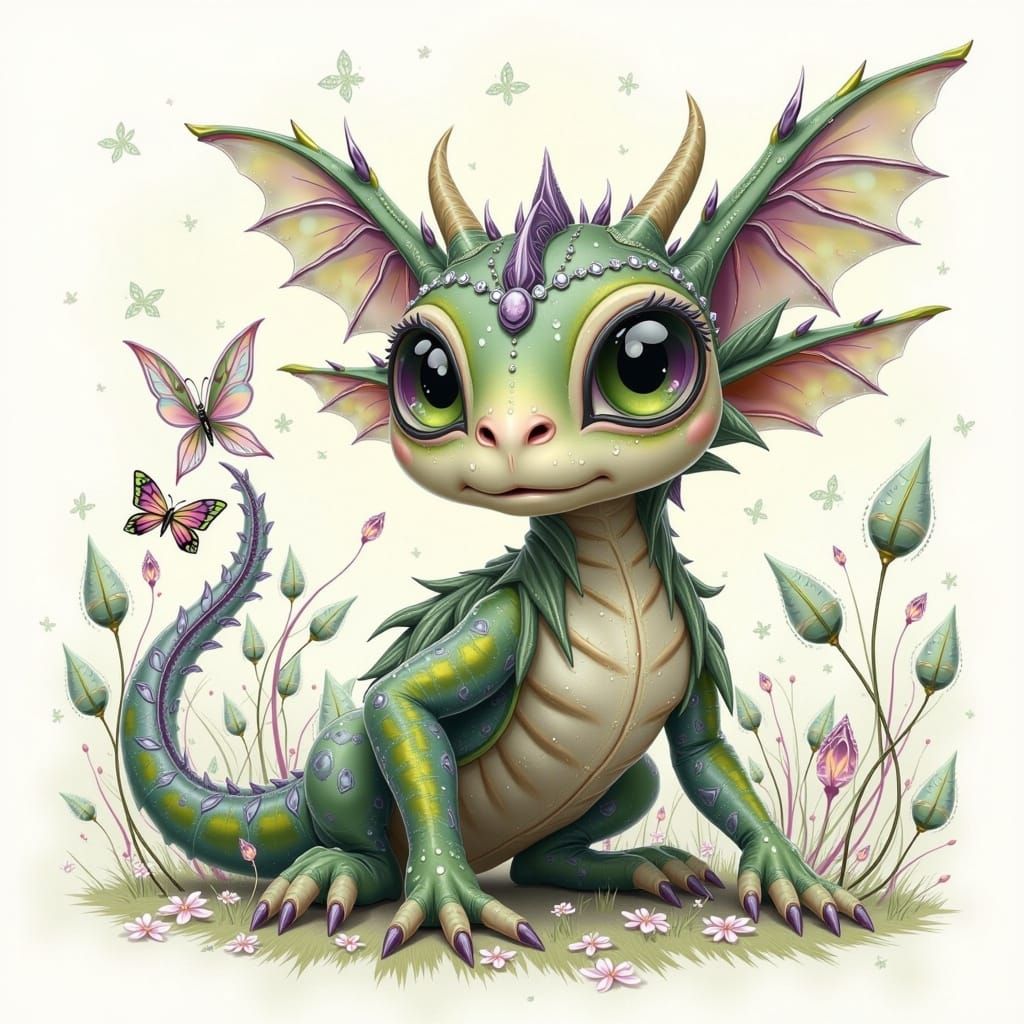 Dragon Hatchling with Butterfly Fairy in Watercolor