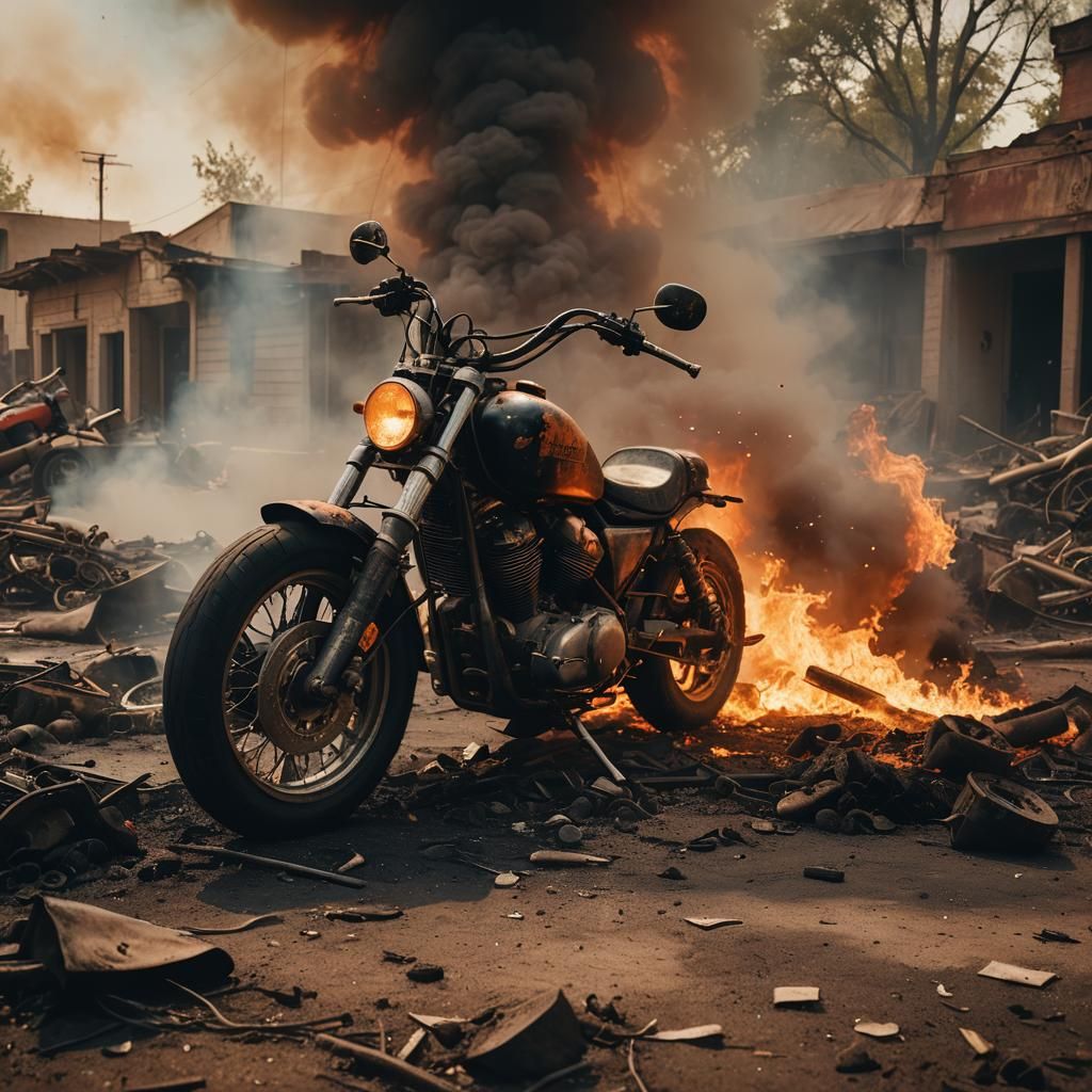 Abandoned Motorcycle in Fiery Inferno: Cinematic Still