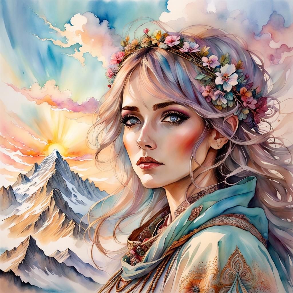 Bohemian Guitarist at Pastel Mountain Sunset