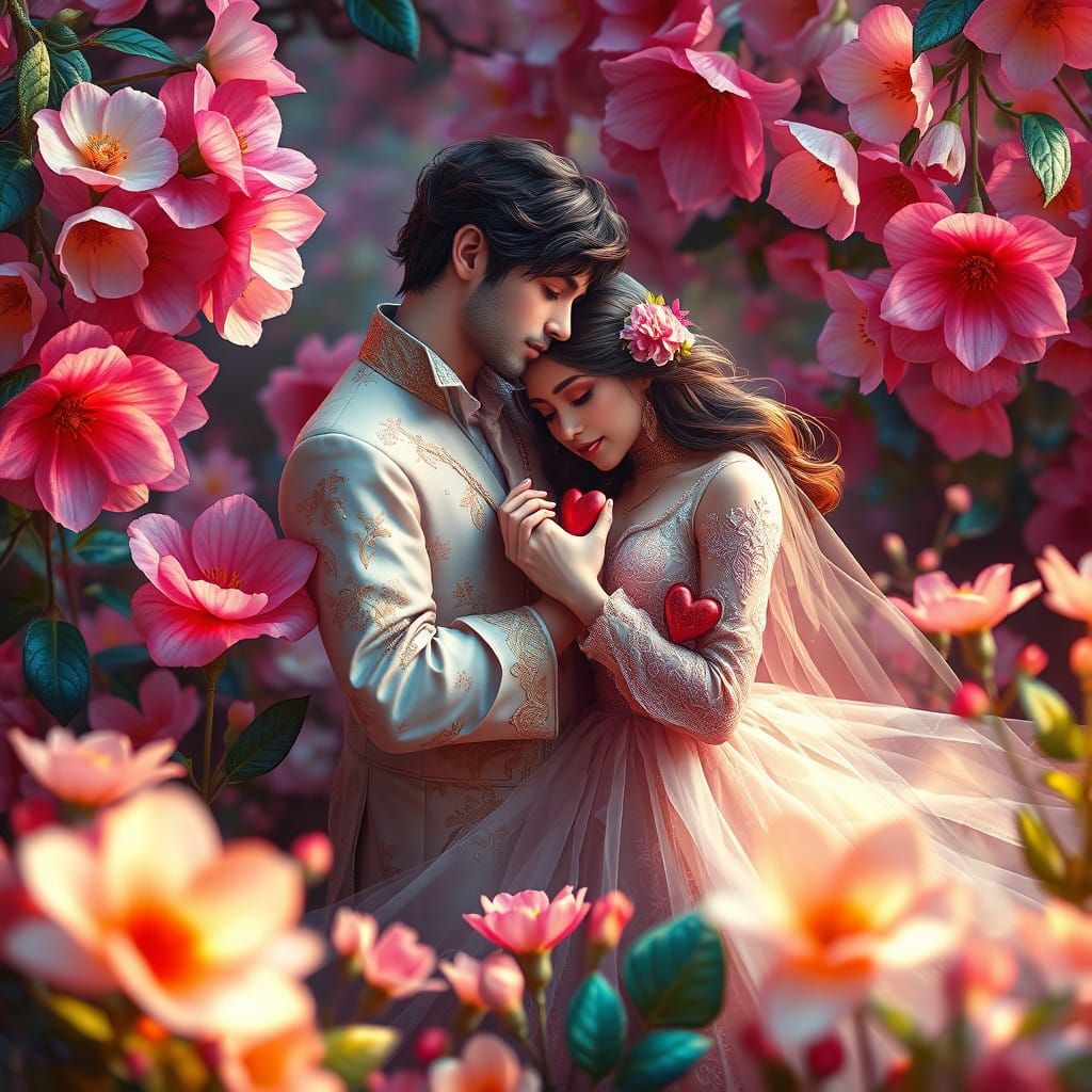 Romantic Blooming Garden of Hearts and Flowers in Dreamlike...