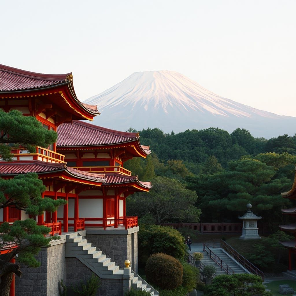 Ethereal Japanese Temple Amidst Vibrant Pink Mount Fuji