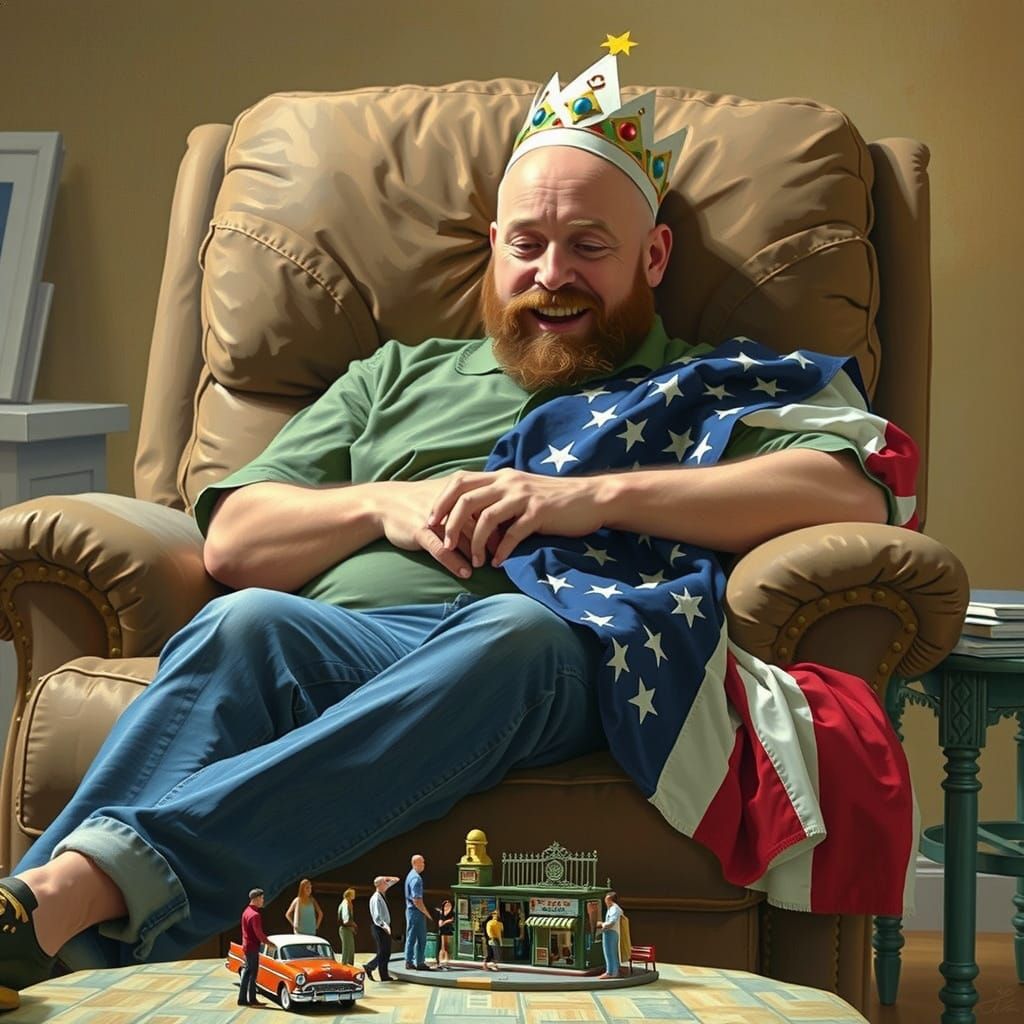 Man in Paper Crown with American Flag Over Miniature World