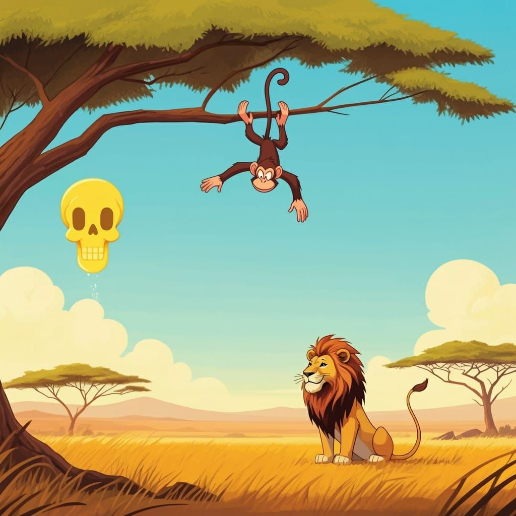 Cartoon Monkey Plummets Towards Smiling Lion in Savanna