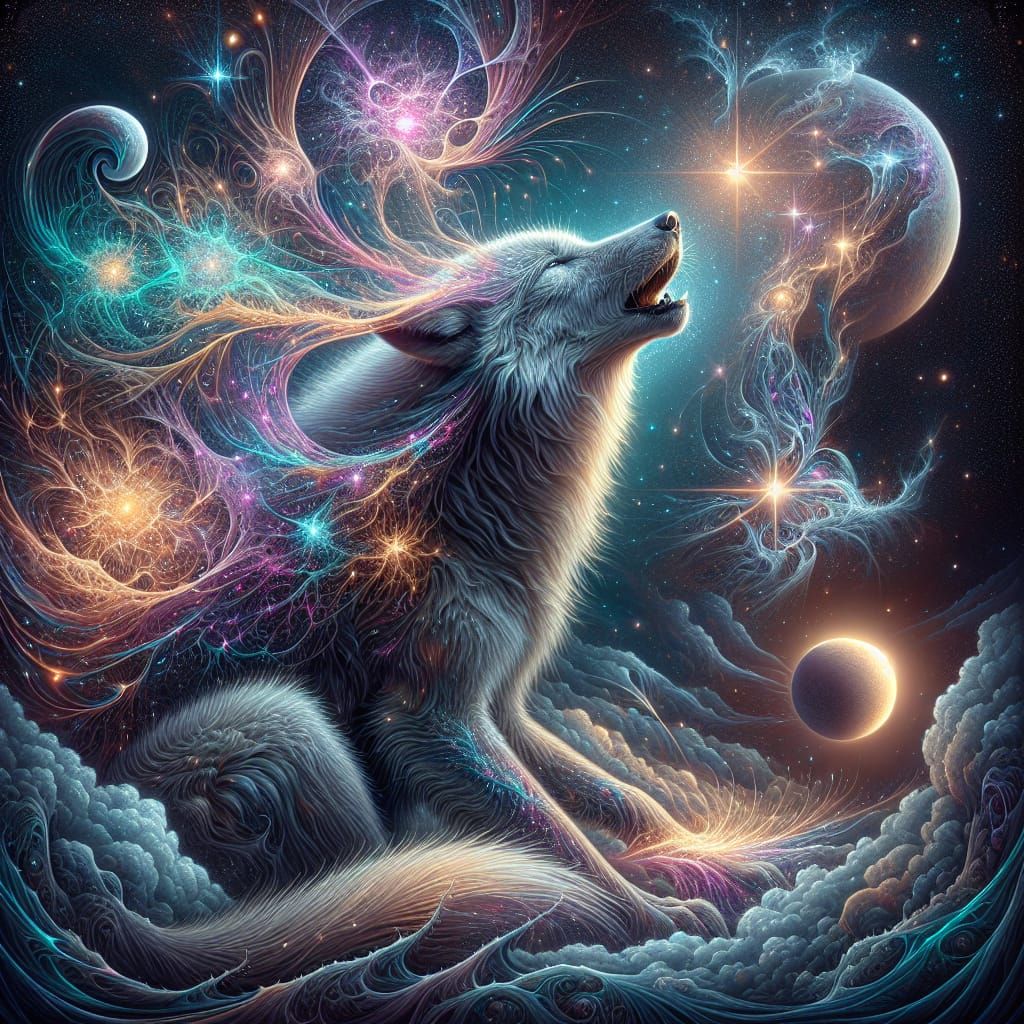 Wolf's Meditative Howl Amidst a Dream Galaxy