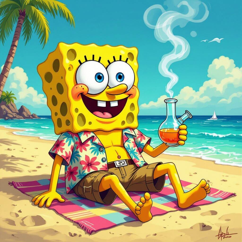 SpongeBob Smoking a Bong in Surreal Cartoon Style