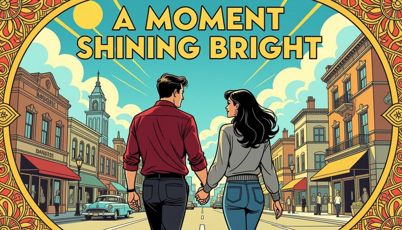 Couple Walking in Sunny City with Art Deco Text