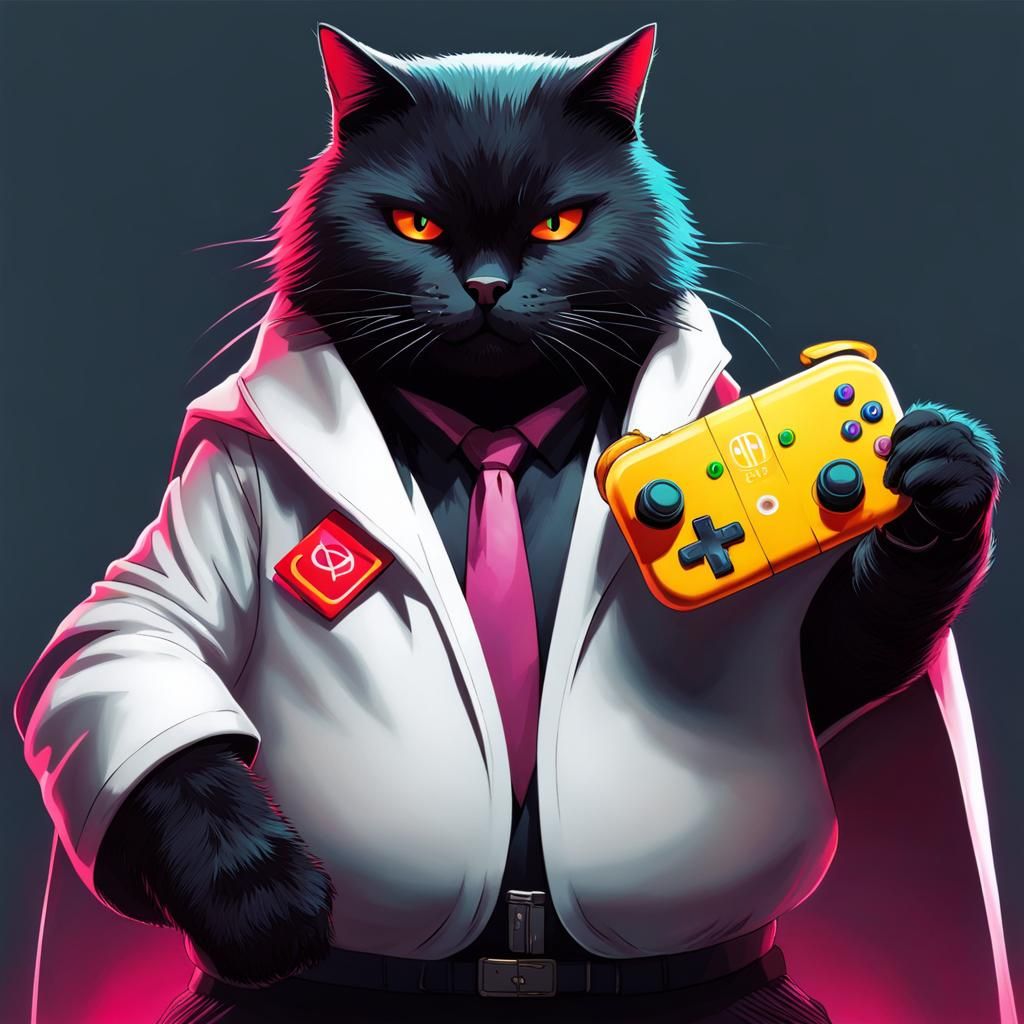 Cyberpunk Cat Plays Nintendo Switch in Neon City