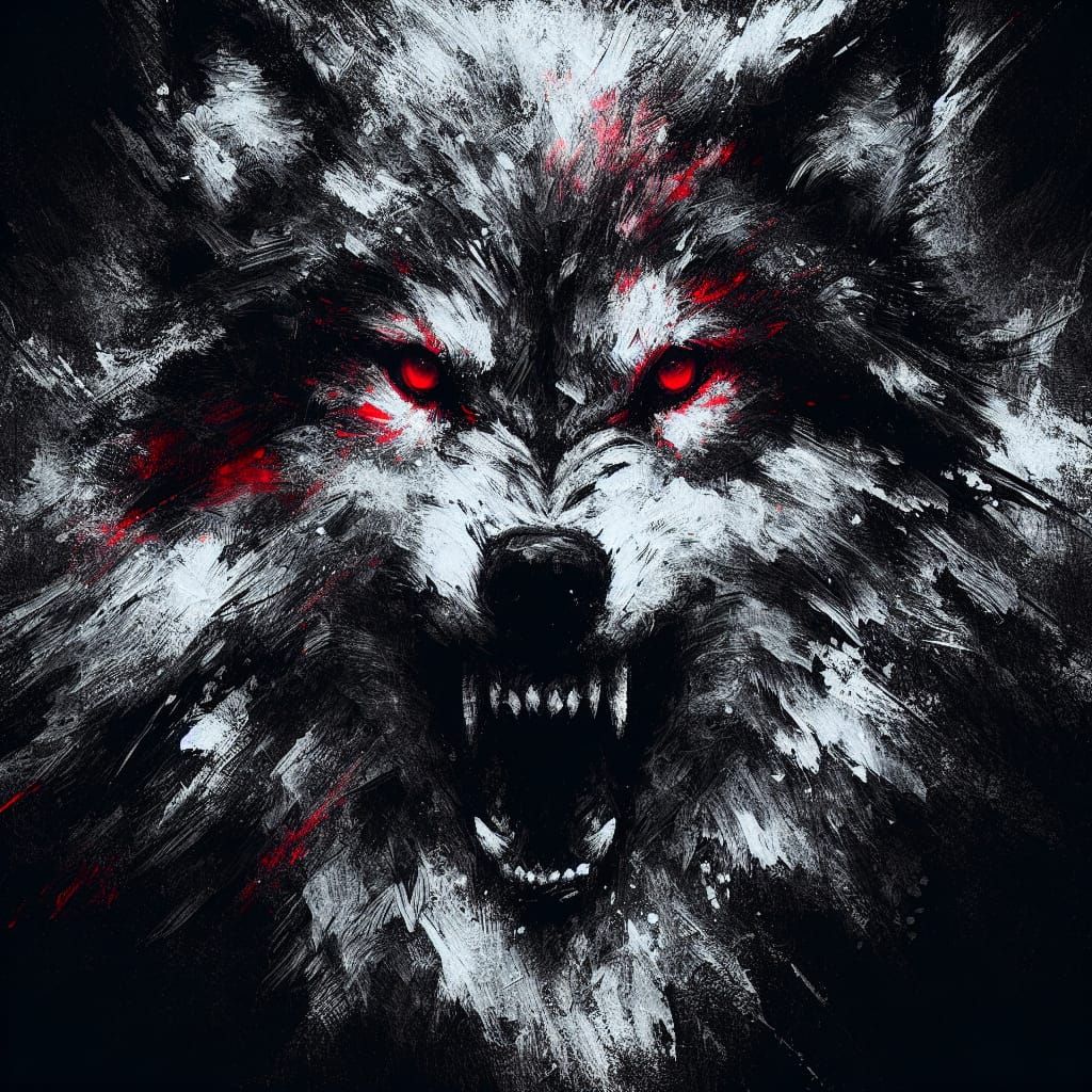 Haunting Abstract Wolf Portrait with Red Eyes