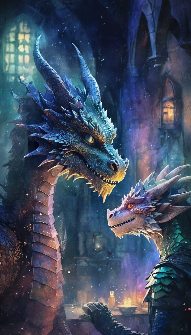 Vintage Fantasy Portrait of Dragon and Rogue in Whimsical Wa...