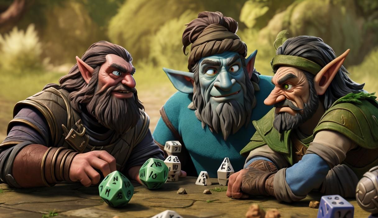 Photorealistic Troll with a warty nose wearing rusty armor playing dice with a bearded elf.