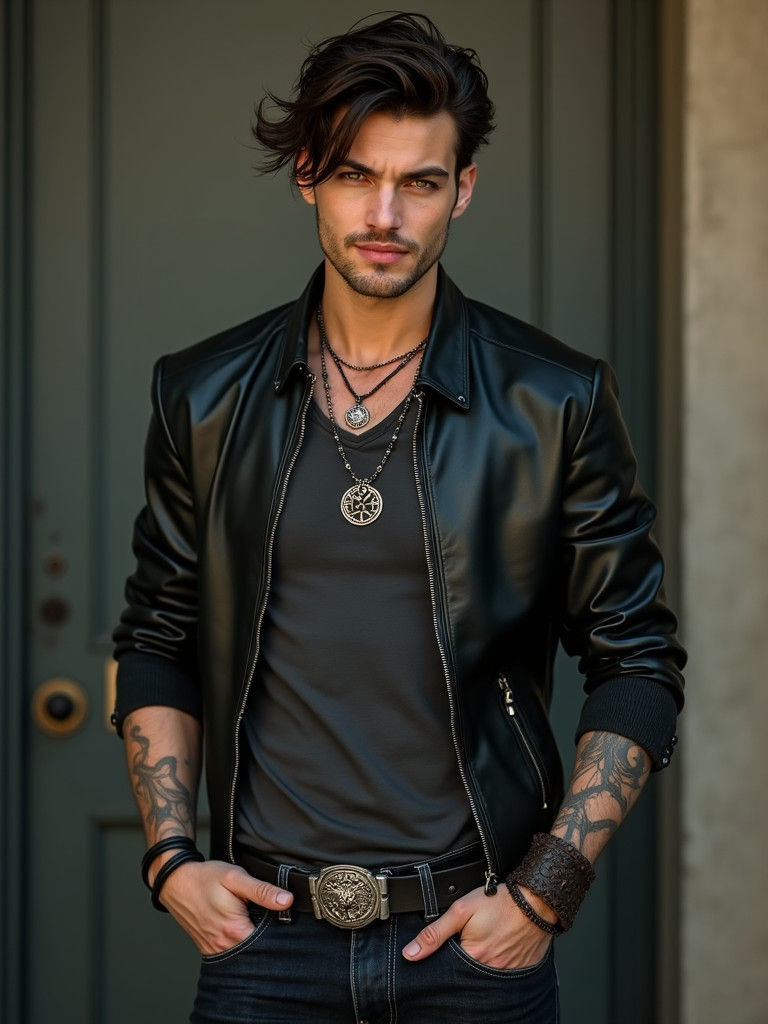 Mysterious Man with Ouroboros Tattoo and Leather Jacket