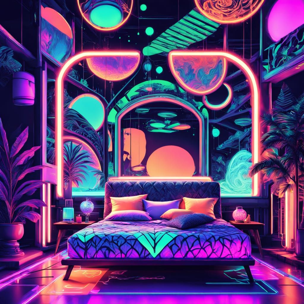 Neon Bedroom with Psychedelic Zentangle Patterns