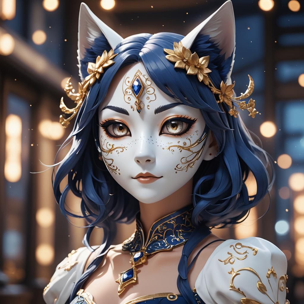 Catgirl Monarch in White Mask, Anime 3D Art