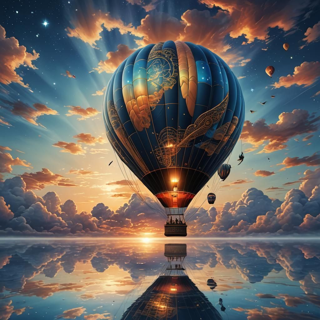 Hot Air Balloon Glides Past Spaceship in Twilight