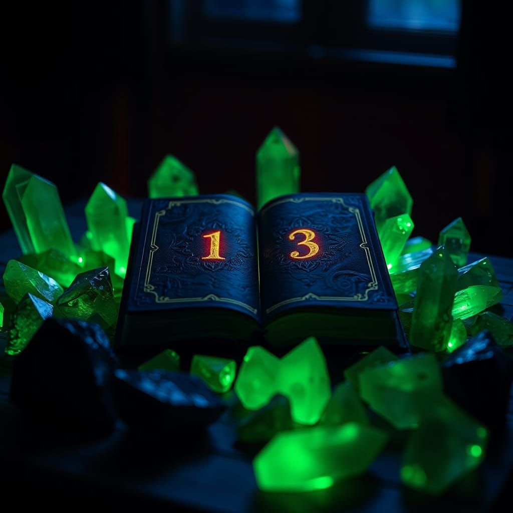 Glowing Spellbook Still Life with Green Crystals