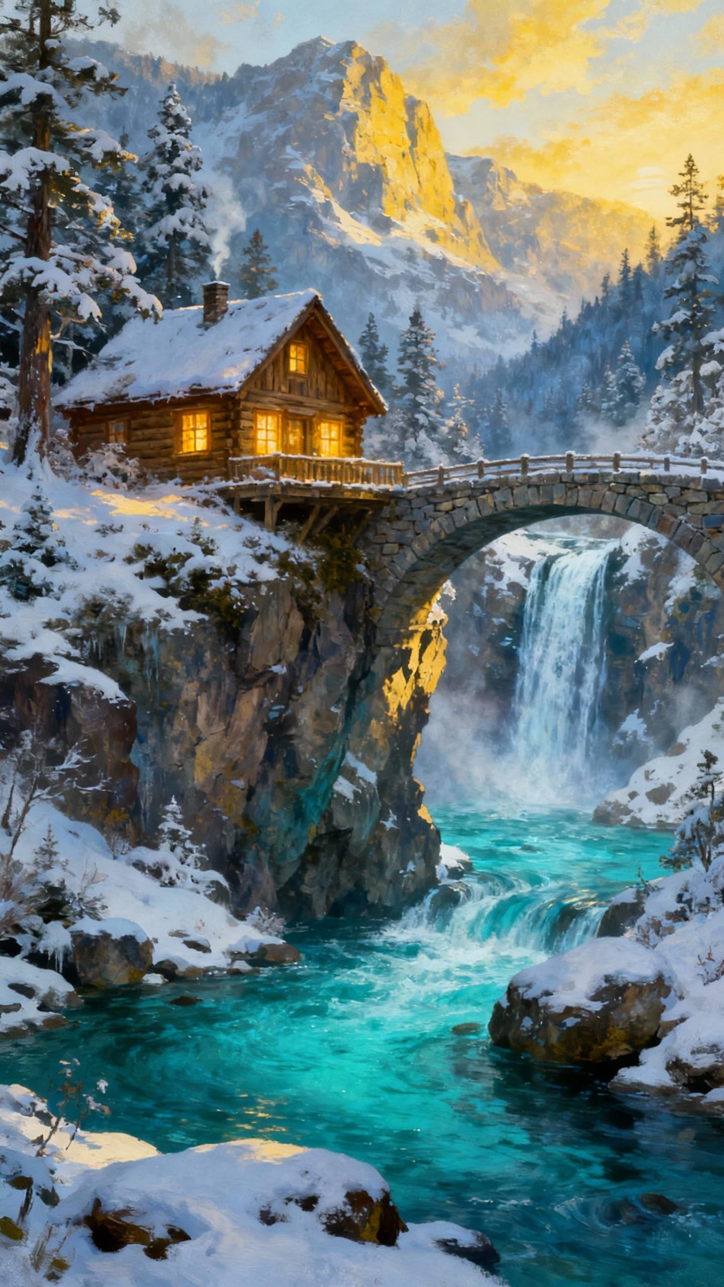 Cozy Cabin on Snowy Cliff Overlooking Turquoise River