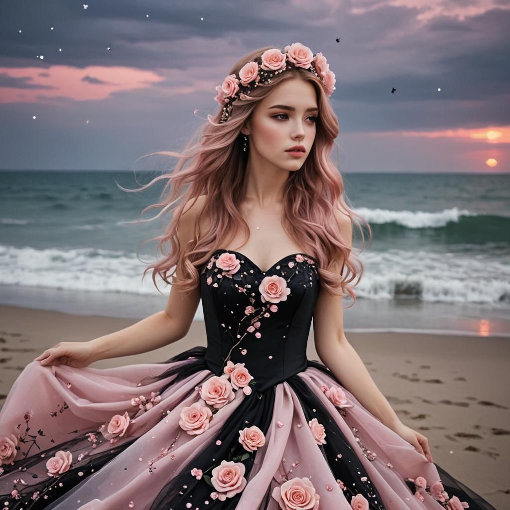 Fantasy Princess with Pink Hair on Starry Beach