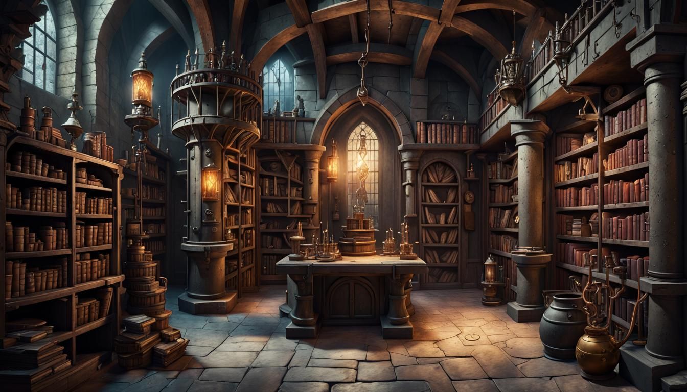 Wizard's Alchemy Laboratory in a Dungeon Tower