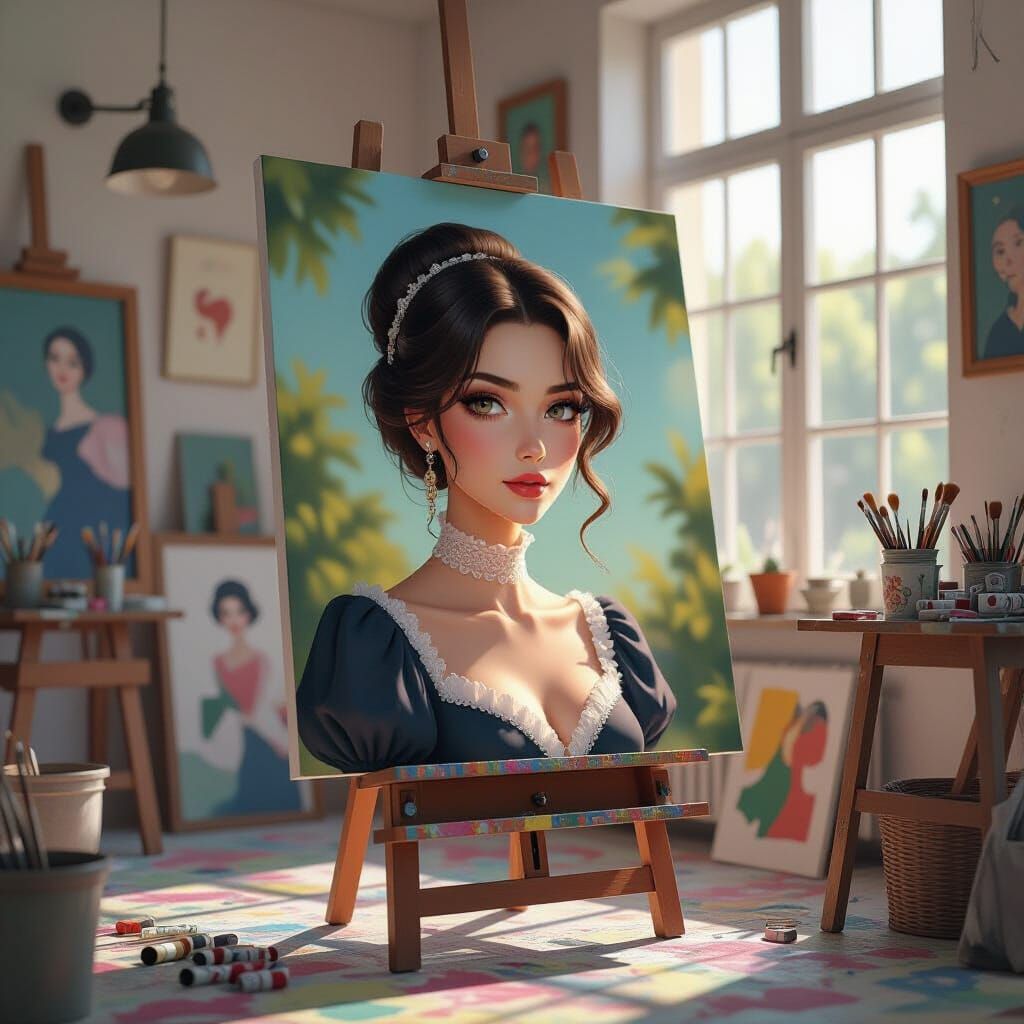 Anime Woman Emerges from Canvas in Vibrant Studio