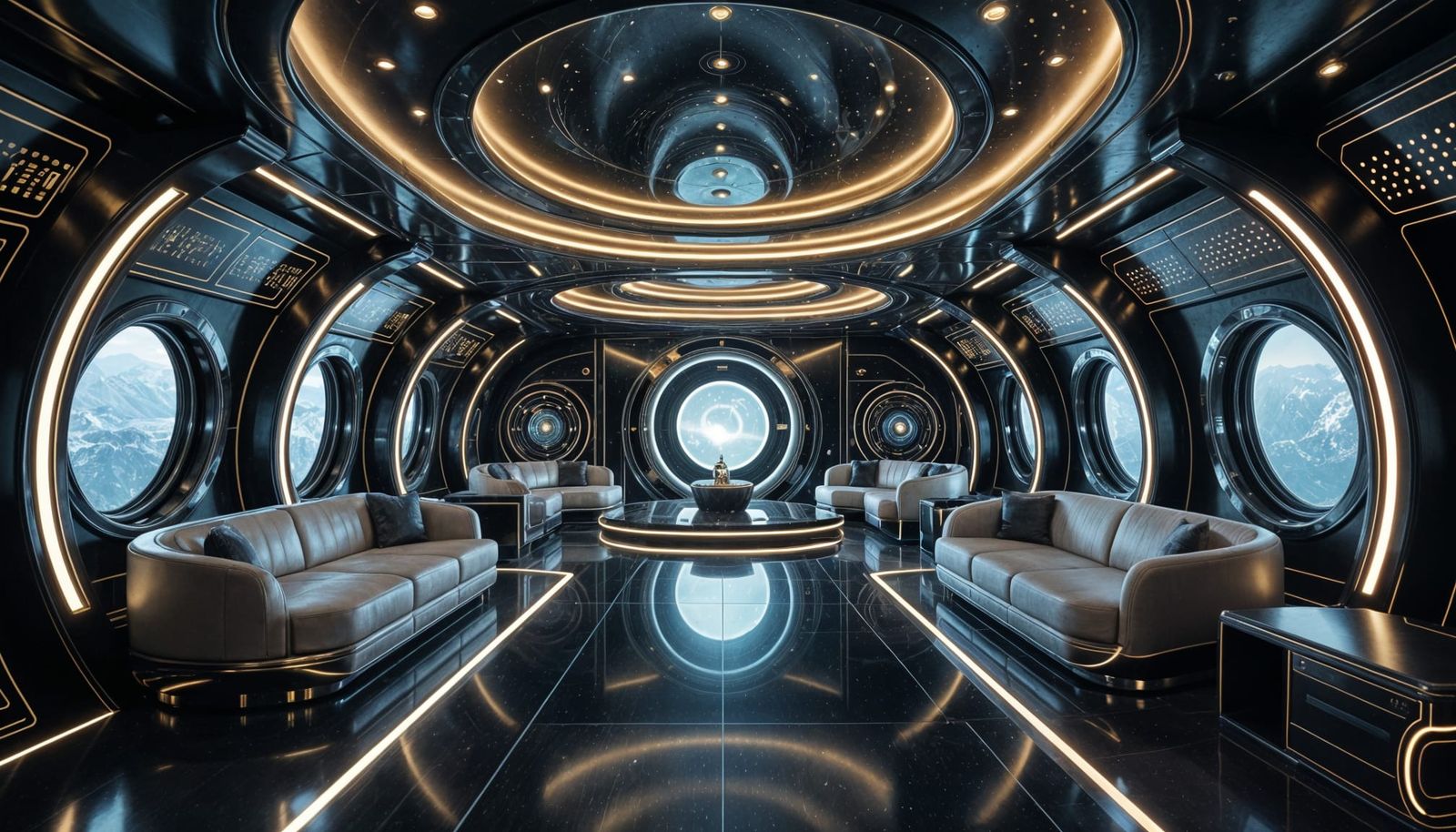Luxurious Alien Spaceship Lounge with Bokeh Effect