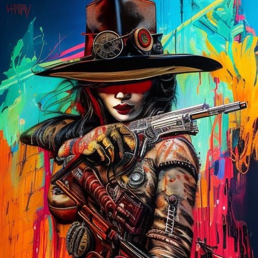 Steampunk Cowgirl Outlaw in Red and Black