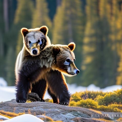 Grizzly Bear Cubs Wrestle in Golden Hour Light
