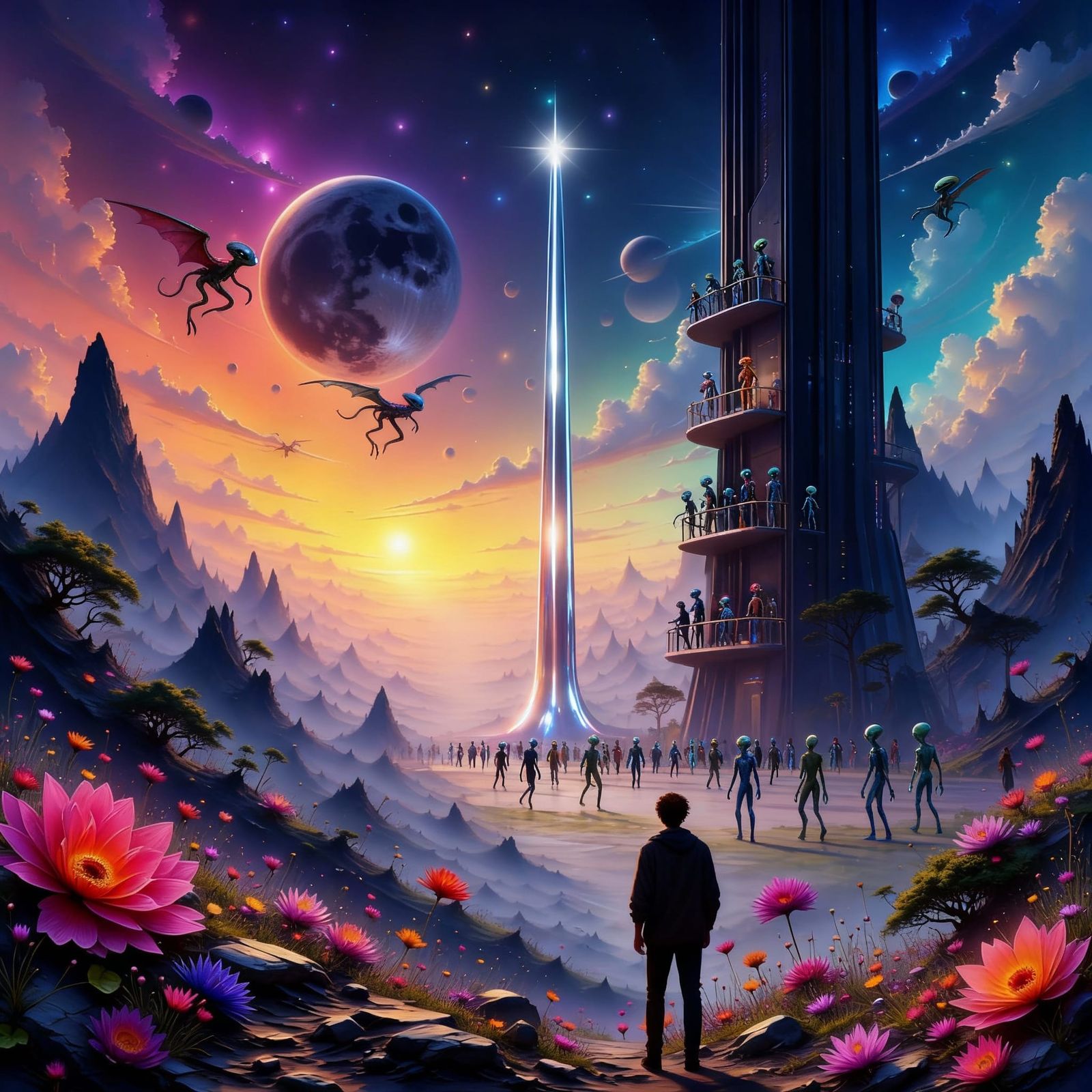 Alien Cityscape on a Planet with Three Moons