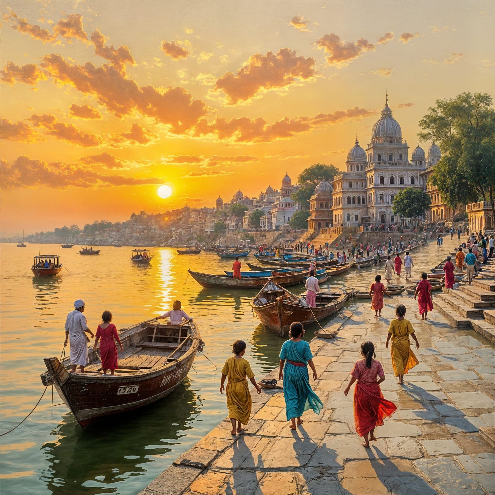 Banaras Sunrise: Holy City in Oil Paint Texture