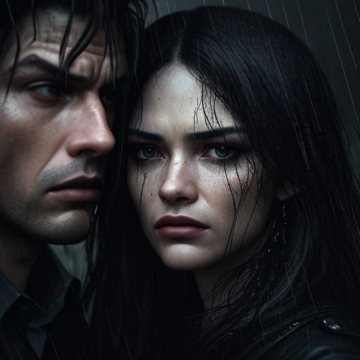Emotional Couple in Rainstorm Cinematic Portrait