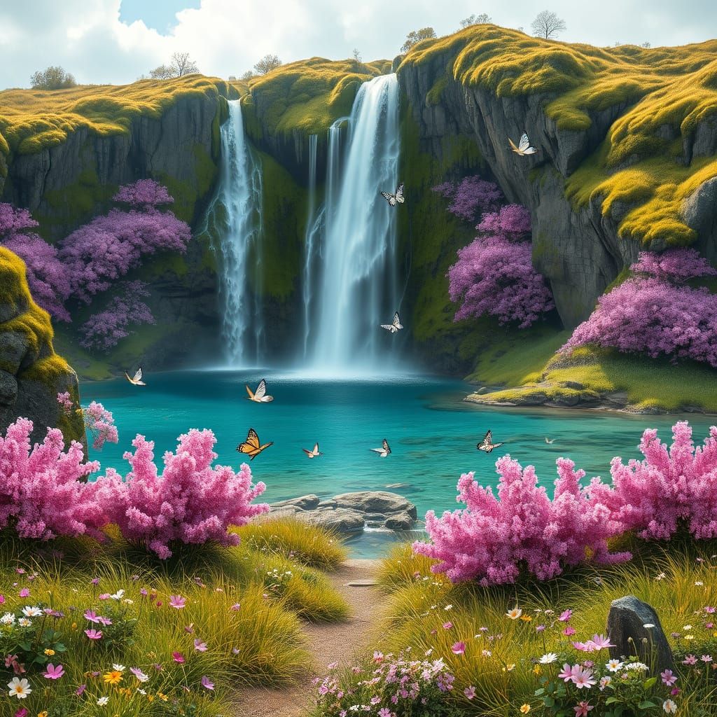 Majestic Waterfall with Blossoms and Rainbow